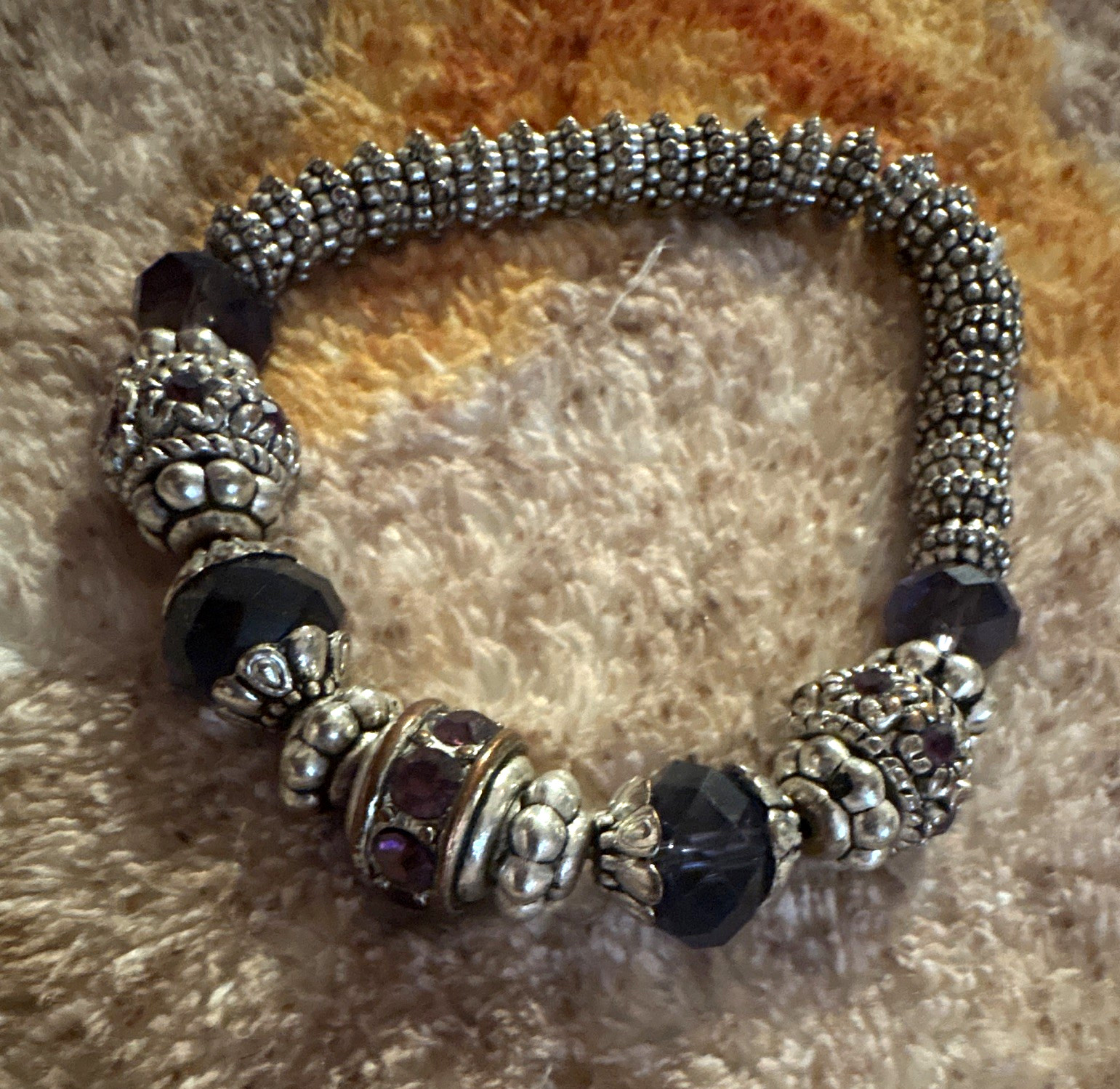 Silver Tone Stretch Beaded Charm Bracelet, Purple Black Crystal Rondelle Beads