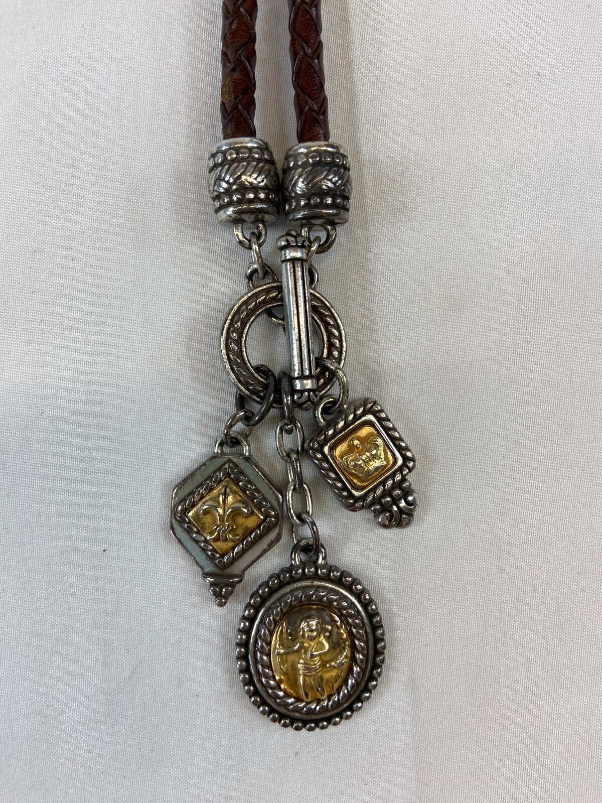 Vintage Brighton Necklace Lanyard Braided Leather Cord Mixed Metals Charms Brown