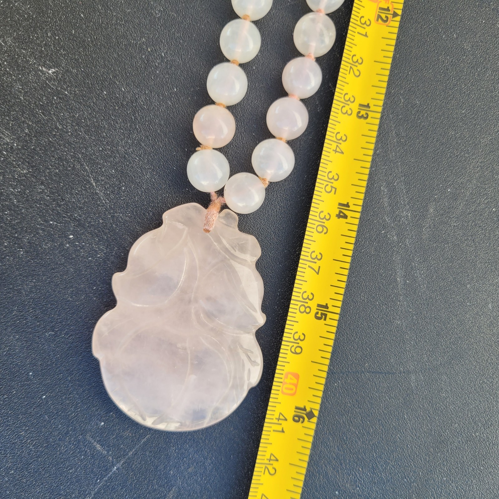 Hand-Knotted Natural Rose Quartz Bead Necklace with Carved Pendant 10mm 32″