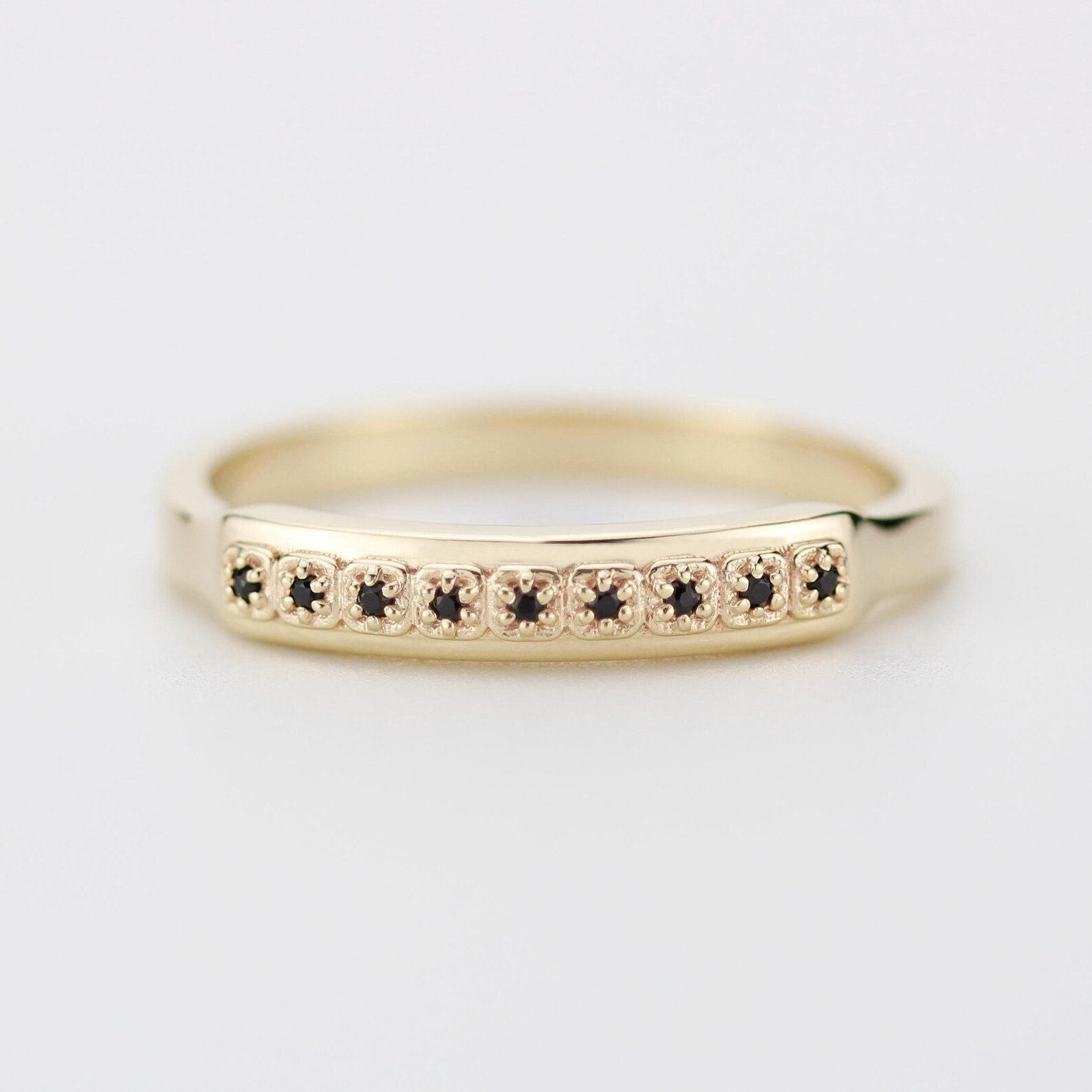 Black Onyx Engagement Ring, Eternity Band, Yellow Gold Plated 925 Silver Ring