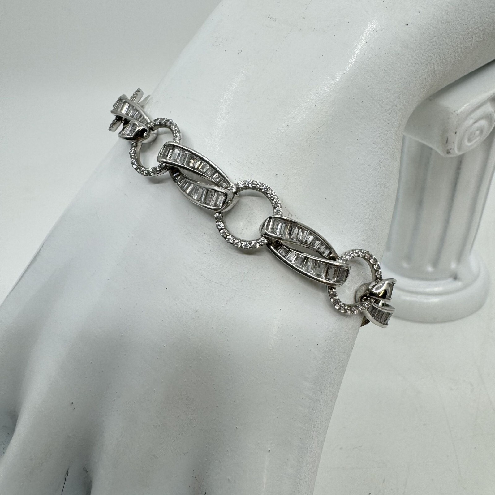 Sterling Silver Baguette & Round Cubic Zirconia Link Tennis Bracelet 7.25″