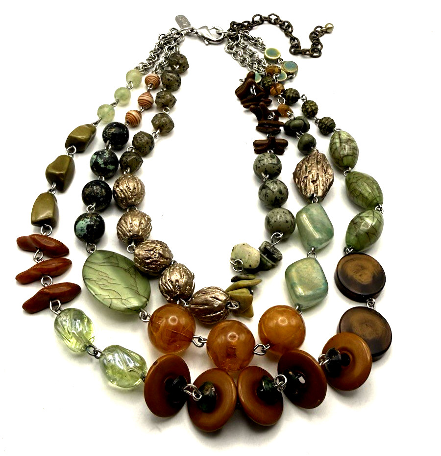 TRESKA 20″ Boho Mixed Media/Art Glass Silver Tone Multistrand Necklace