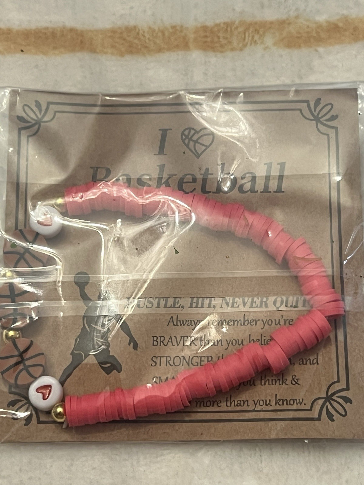 Pink White Gold Plastic Beaded Bracelet Heart Beads Love Sports Theme
