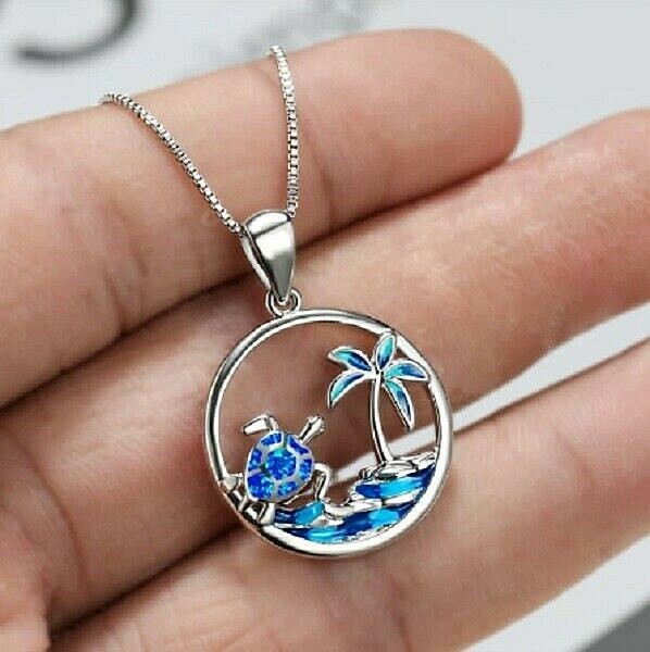 Blue Opalesque Palm Tree & SEA TURTLE 7/8″ Pendant Necklace 17″ Chain