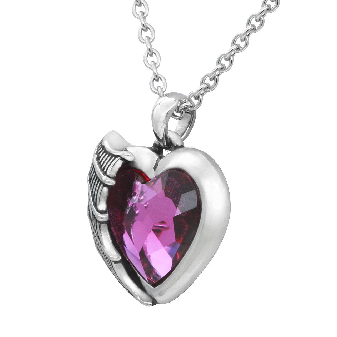 Stainless Steel Heart Necklace with Purple Crystal and single Angel Wing Design