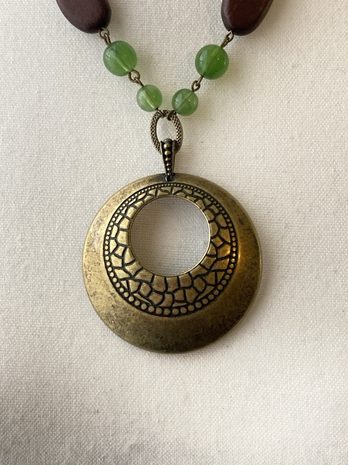 SAQ Boho Pendant Necklace Green Beads Brown Earthy Antique Gold Tone Circle