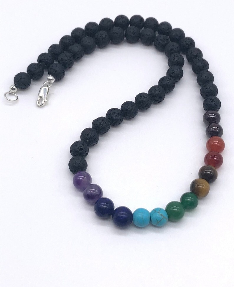 7 Chakra Lava Rock Grounding & Focus Smooth Round Gemstone Beads Necklaces 18”