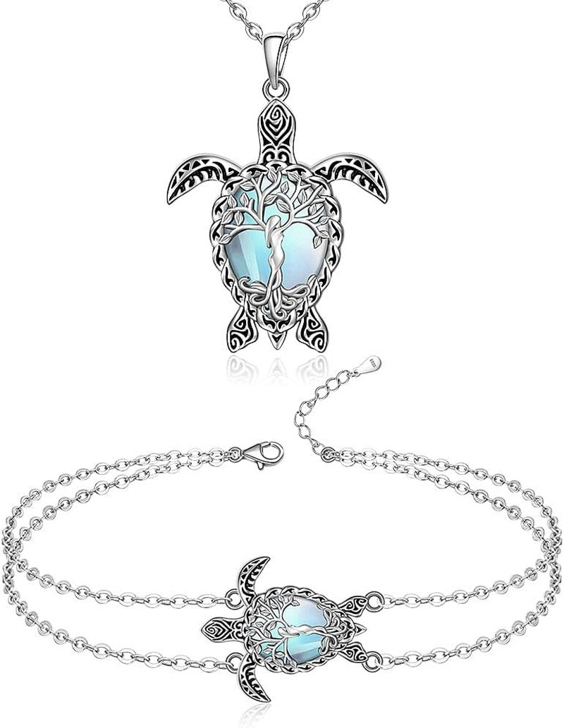 Turtle Necklace Anklet Set Moonstone Tree of Life Gift for Women Sterling Silver