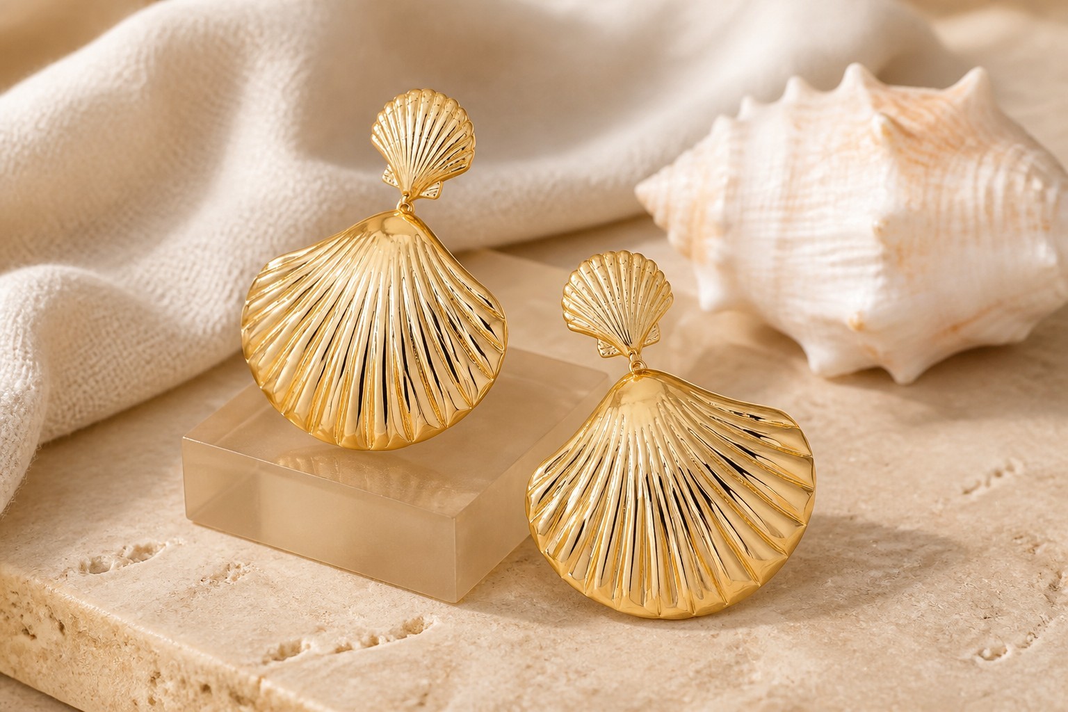 Gold Color Scallop Shell Statement Drop Earrings Boho Style