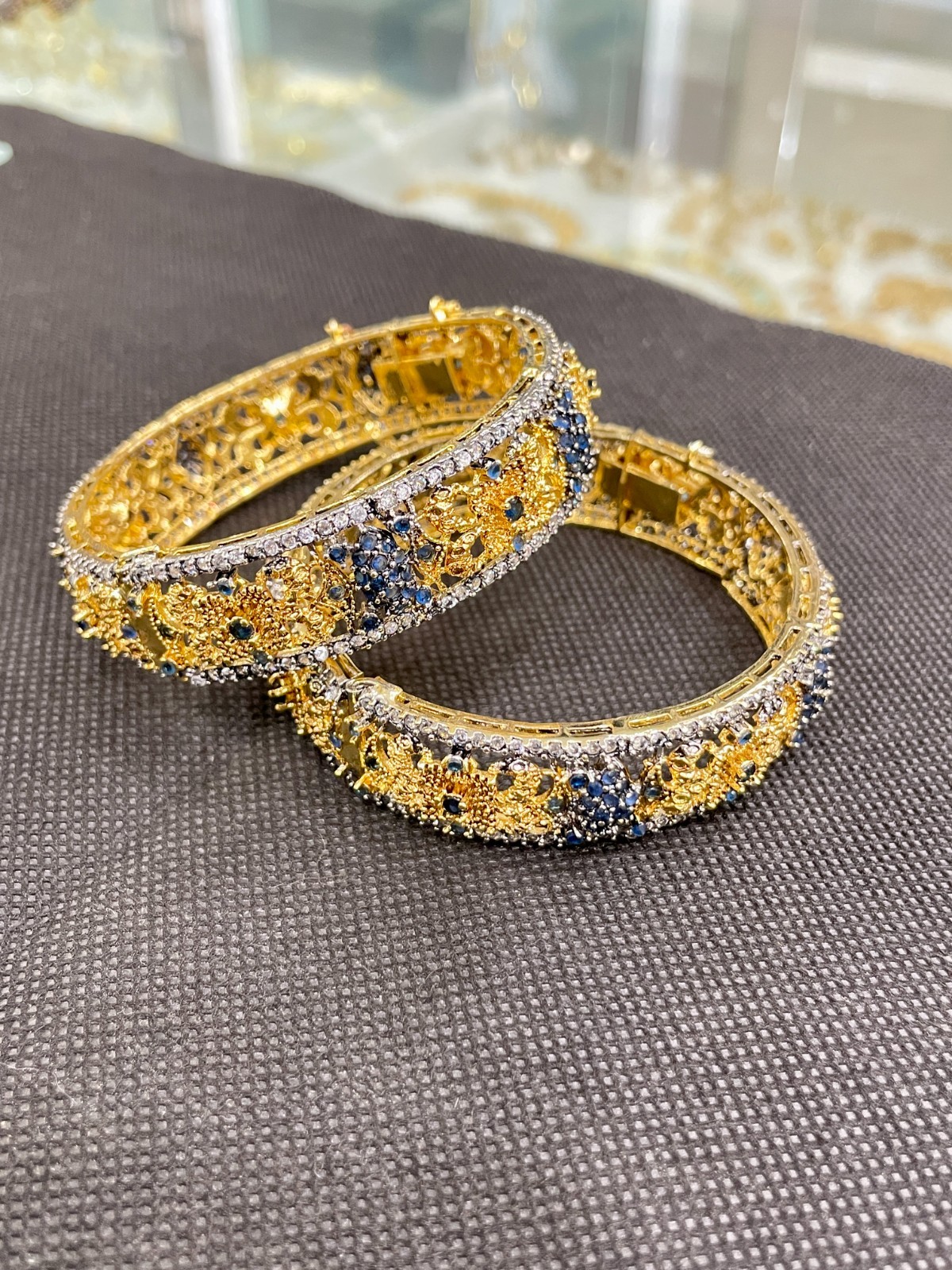2 Pc Adjustable Gold Oxidized Blue Stone Bangles Pakistani Bridal Jewelry