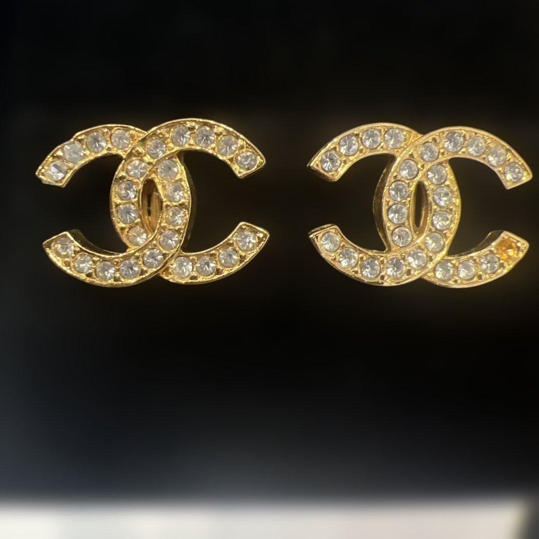 [Used] CHANEL CC Logo Coco Mark Earrings Gold Rhinestone Clip On W/Box Vintage