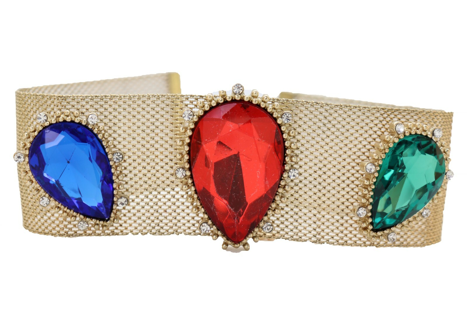 NEW Women Jewelry Gold Mesh Metal Choker Band Necklace Red Blue Green Crystals