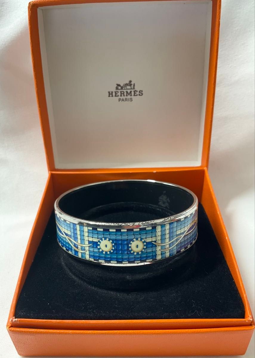 HERMES Cloisonne Enamel Email GM Bangle Bracelet Royal Blue Silver Women