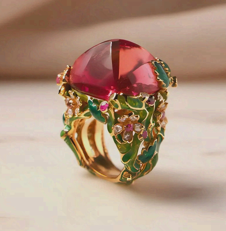 Copper Flower Cocktail Ring Red Cubic Zirconia Handmade Statement Band