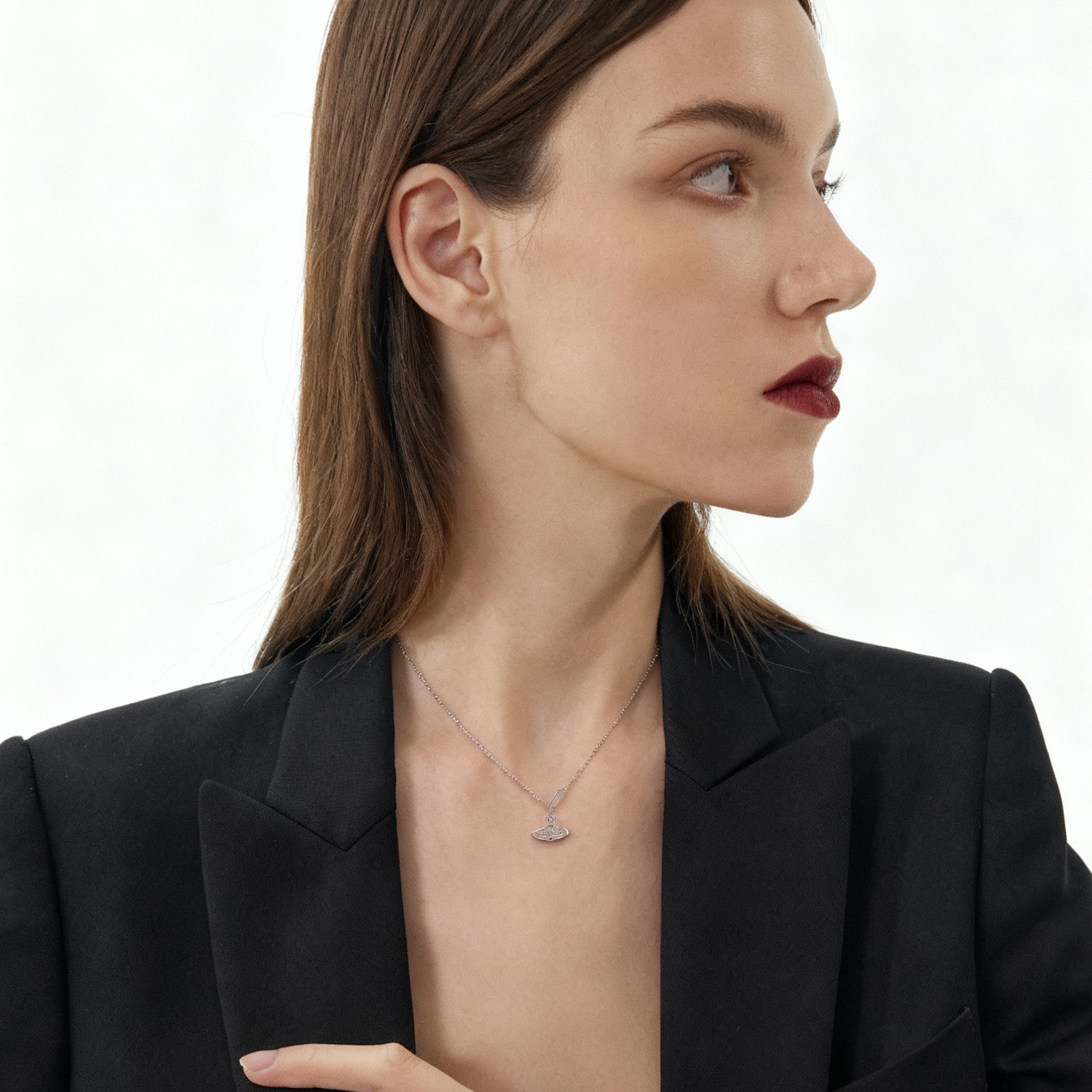 925 Silver Saturn Pendant Necklace (Pin & Zircon, 39+4cm, Gift for Her)