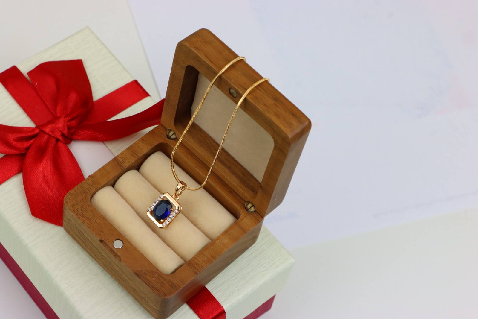 Rose Gold Rectangle Pendant with Blue Stone and Crystal Accents, XPPT1276