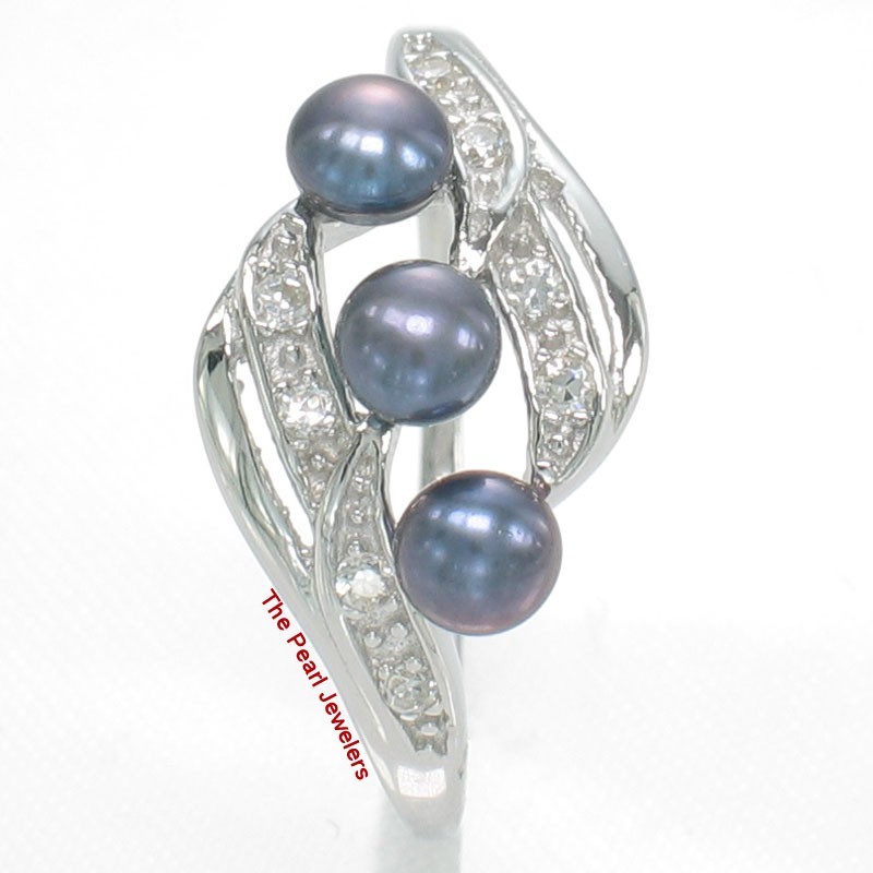 Solid Sterling Silver .925 Black Cultured Pearl & Cubic Zirconia Cocktail Ring