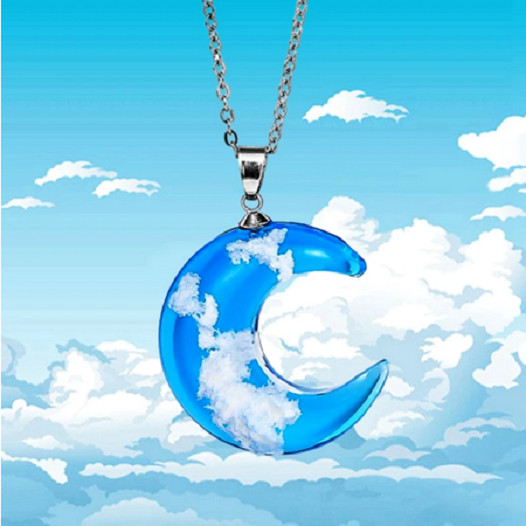 BLUE CRESCENT MOON WHITE CLOUD Pendant On 18″ 925 Sterling Silver Necklace Women