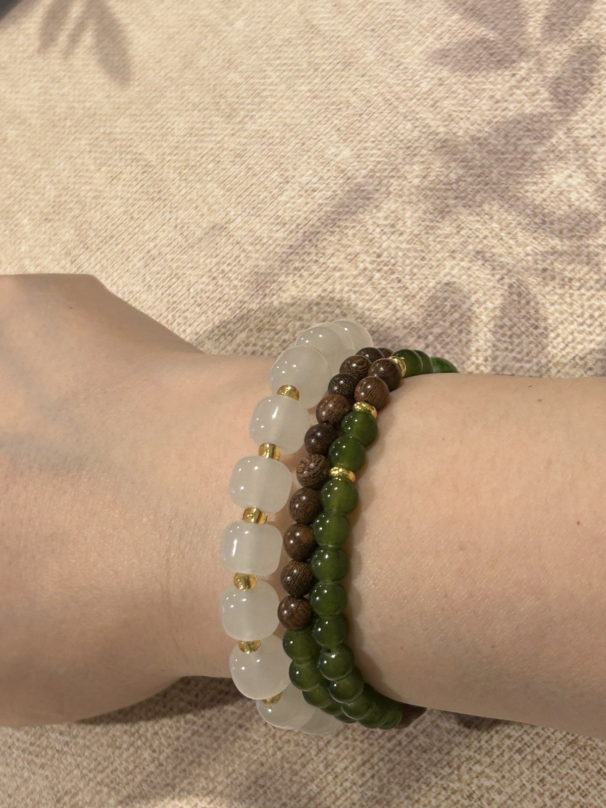 Green White Brown Gold Beaded Stretch Bracelets Set, Round Stone Beads