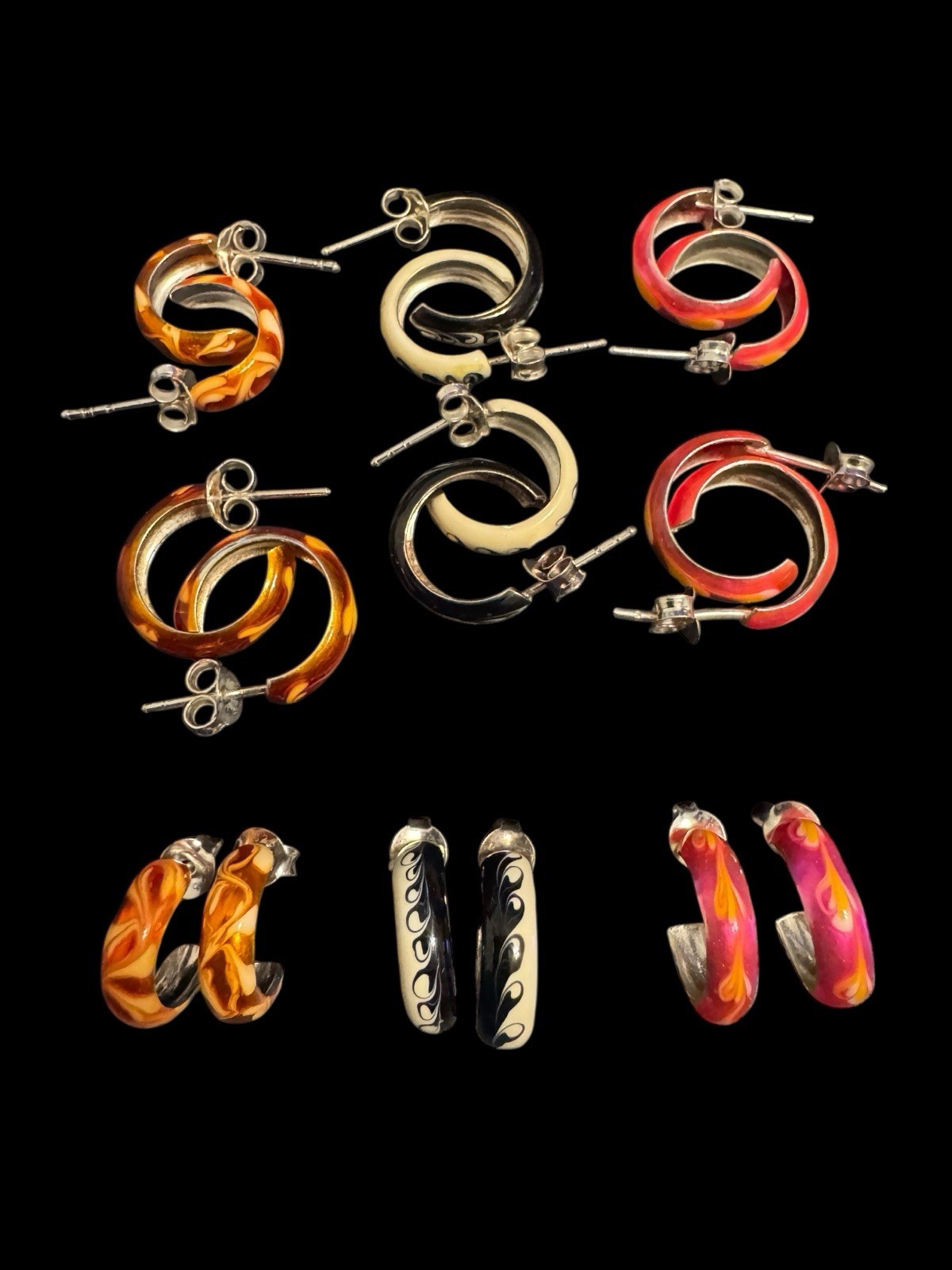 9 Pairs Teen Small Hoop Earrings, Pink Orange Black& White Swirl Enamel J9