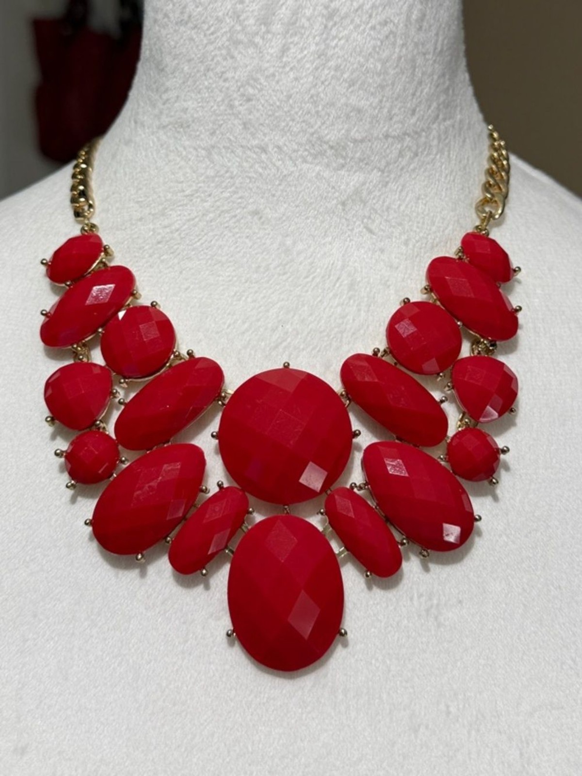 Chunky Red Acrylic/Lucite Cabochon Statement Bib Necklace with Gold-Tone Chain