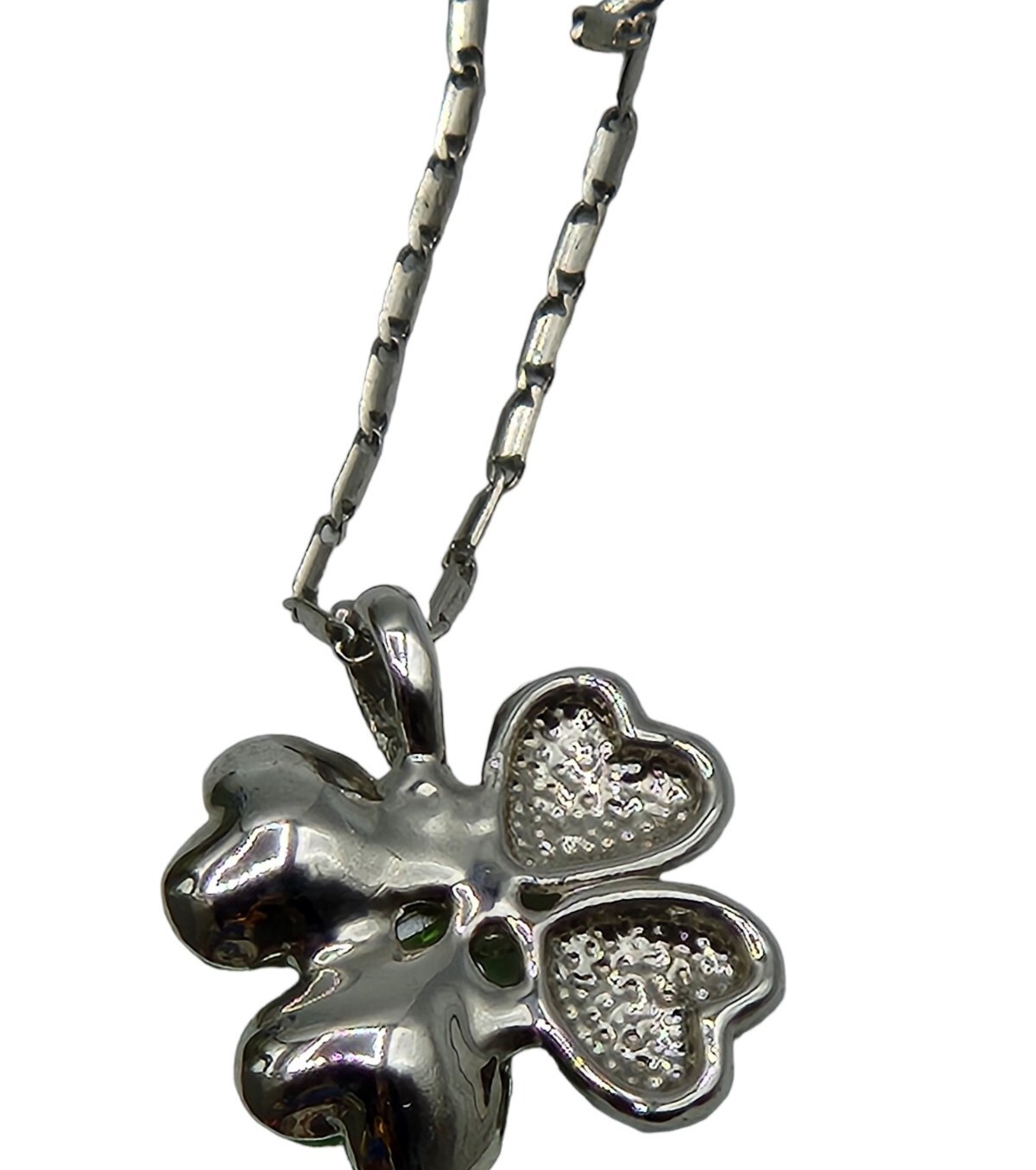 Four Leaf Clover Heart Pendant With Lime Green Crystal Necklace St. Patty’s Day