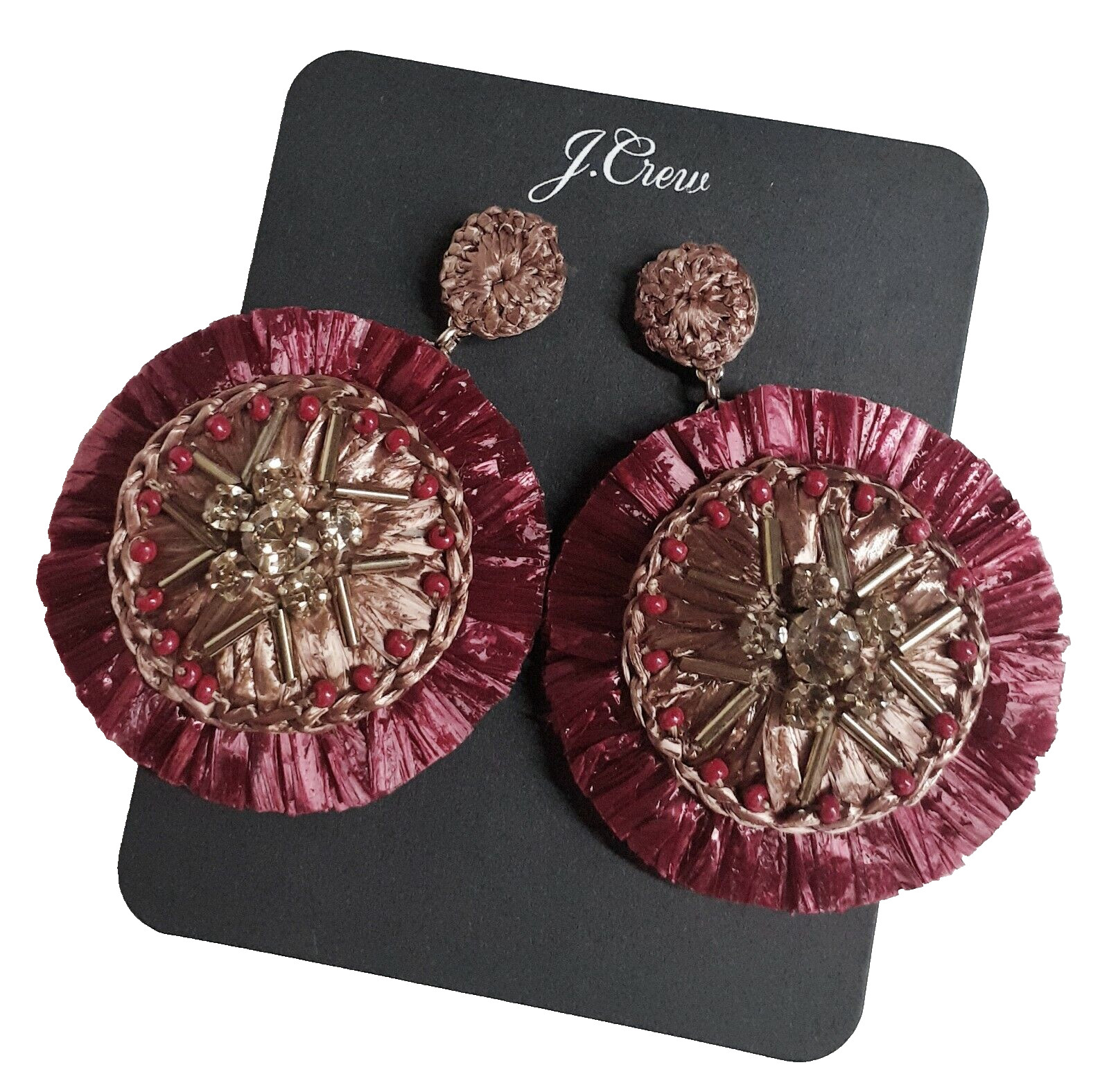 J.Crew Sparkle Raffia Statement Earring Rock Red Multi-Color Leather AQ987 NWT