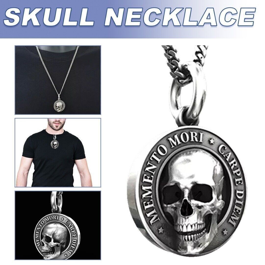 Memento Mori Skull Silver Skull Necklace Stainless Steel Chain Pendant Retro~