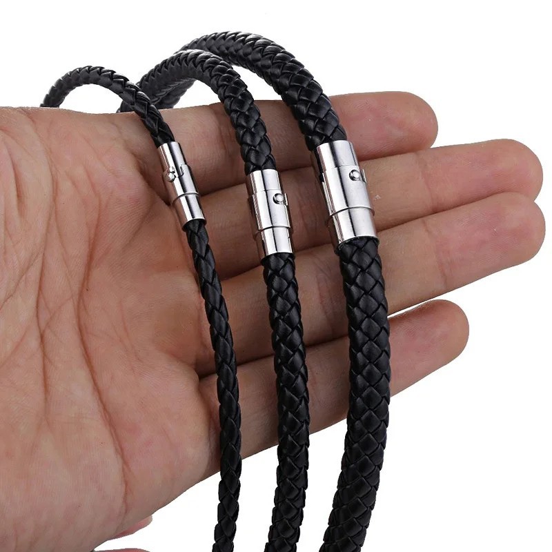 Braided Leather Rope Chain Necklace Magnetic Clasp Black 45cm Unisex