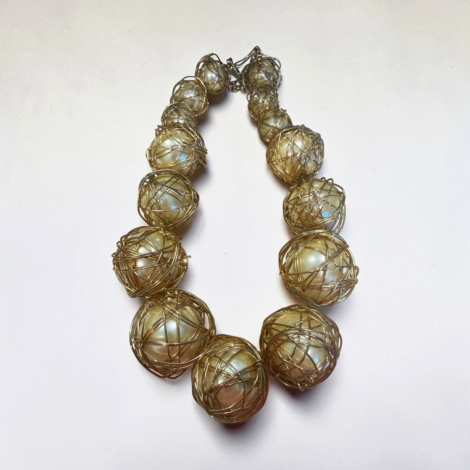 Gold Tone Wire Wrapped Faux Pearl Beaded Statement Necklace, Round White