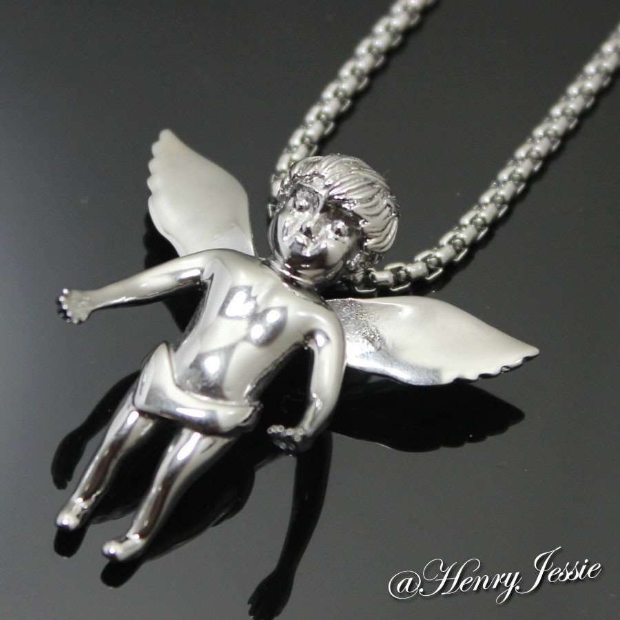 18-32″MEN Stainless Steel 2mm Silver Box Link Chain Little ANGEL 3D Pendant*P48