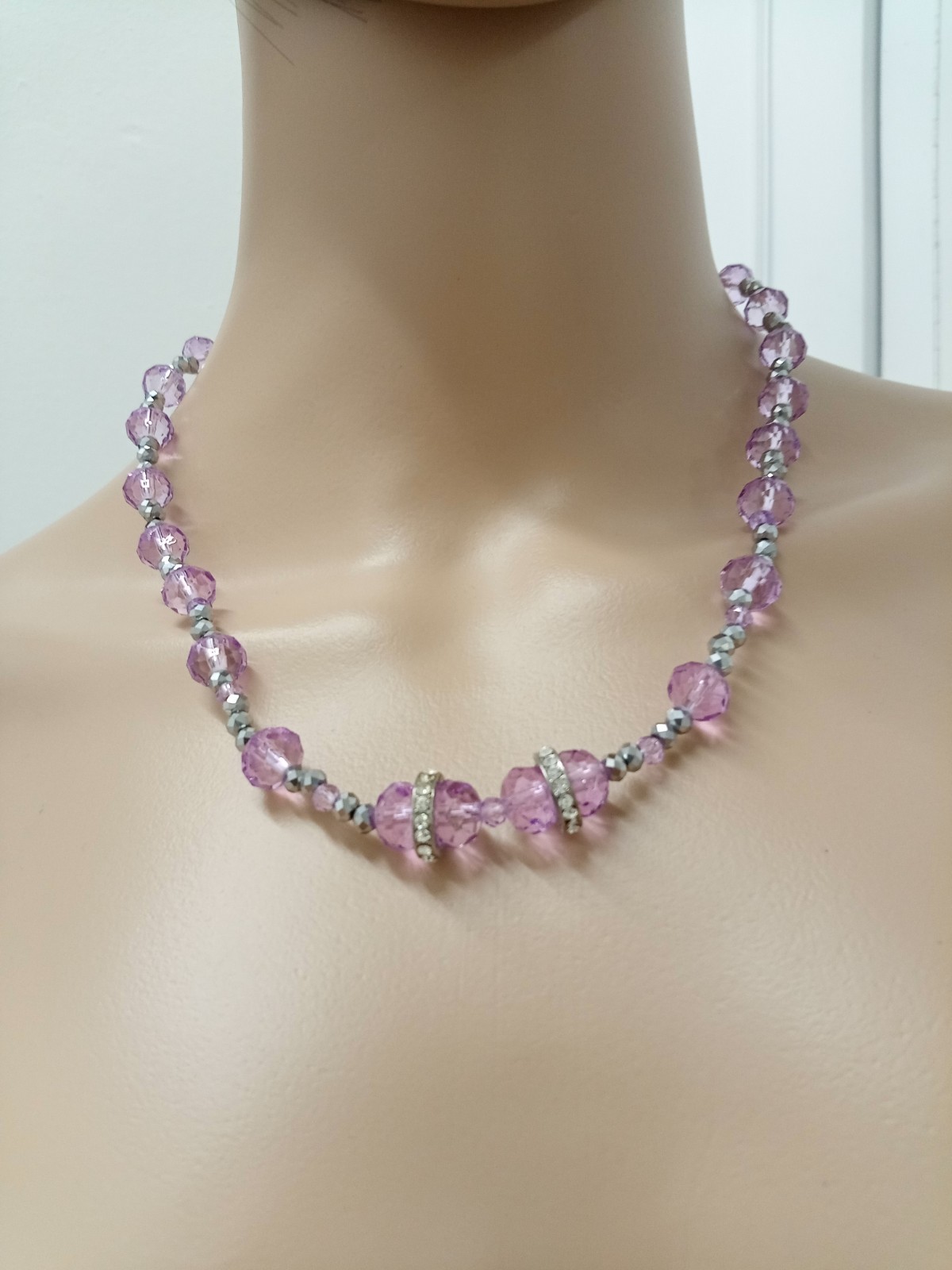 Austrian Crystal Lavender Porcelain Silver Steel and Cubic Zirconia Necklace