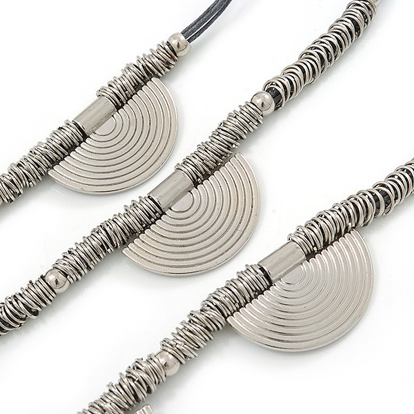 3 Strand Grey Cotton Cord Necklace with Metal Rings In Silver Tone – 66cm L/