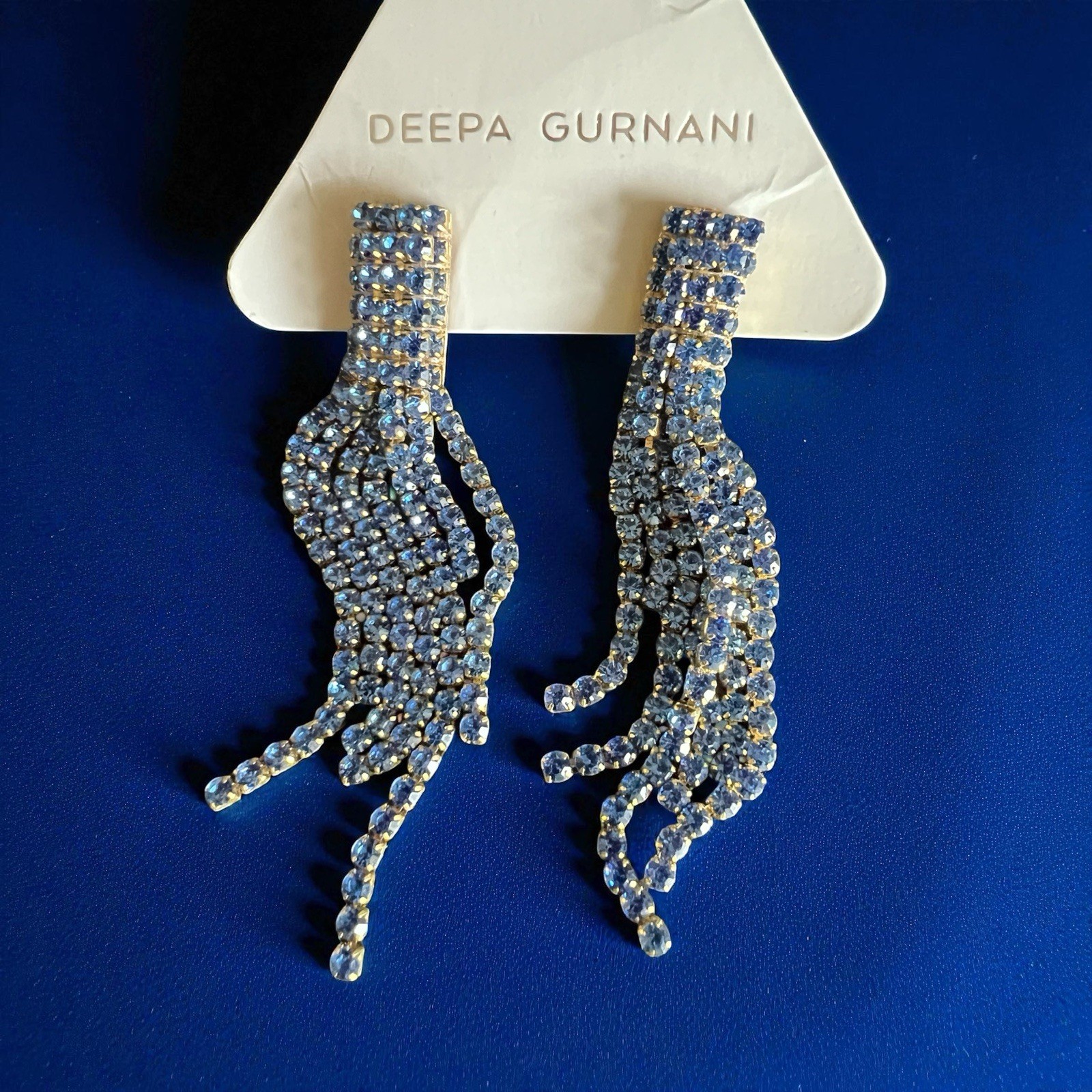 Deepa Gurnani Blue Asymmetrical Crystal Fringe Elisa Statement Earrings New