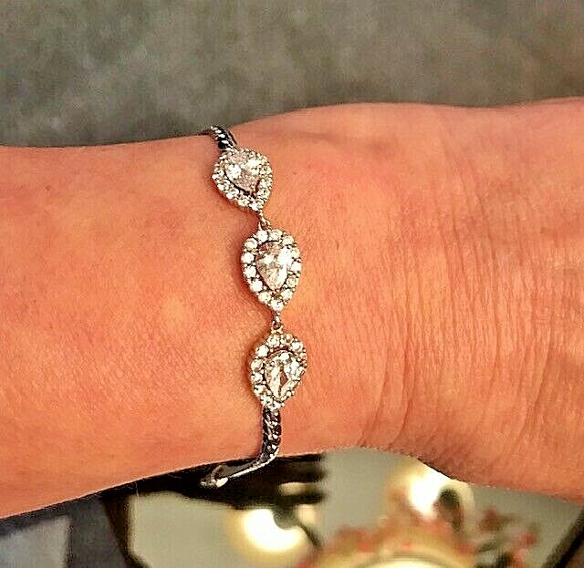 Sterling 925 Cuban Tennis Bracelet Pear & Round CZ’s 7.75” Clear Clean Stones