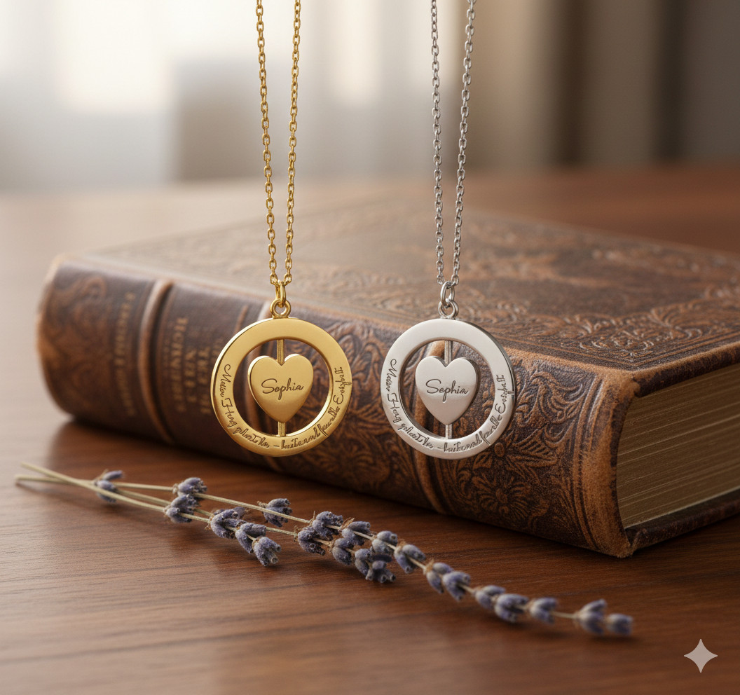 Rotating Personalized Square,Heart Necklace: Engraved Kids Names, Grandma Gift