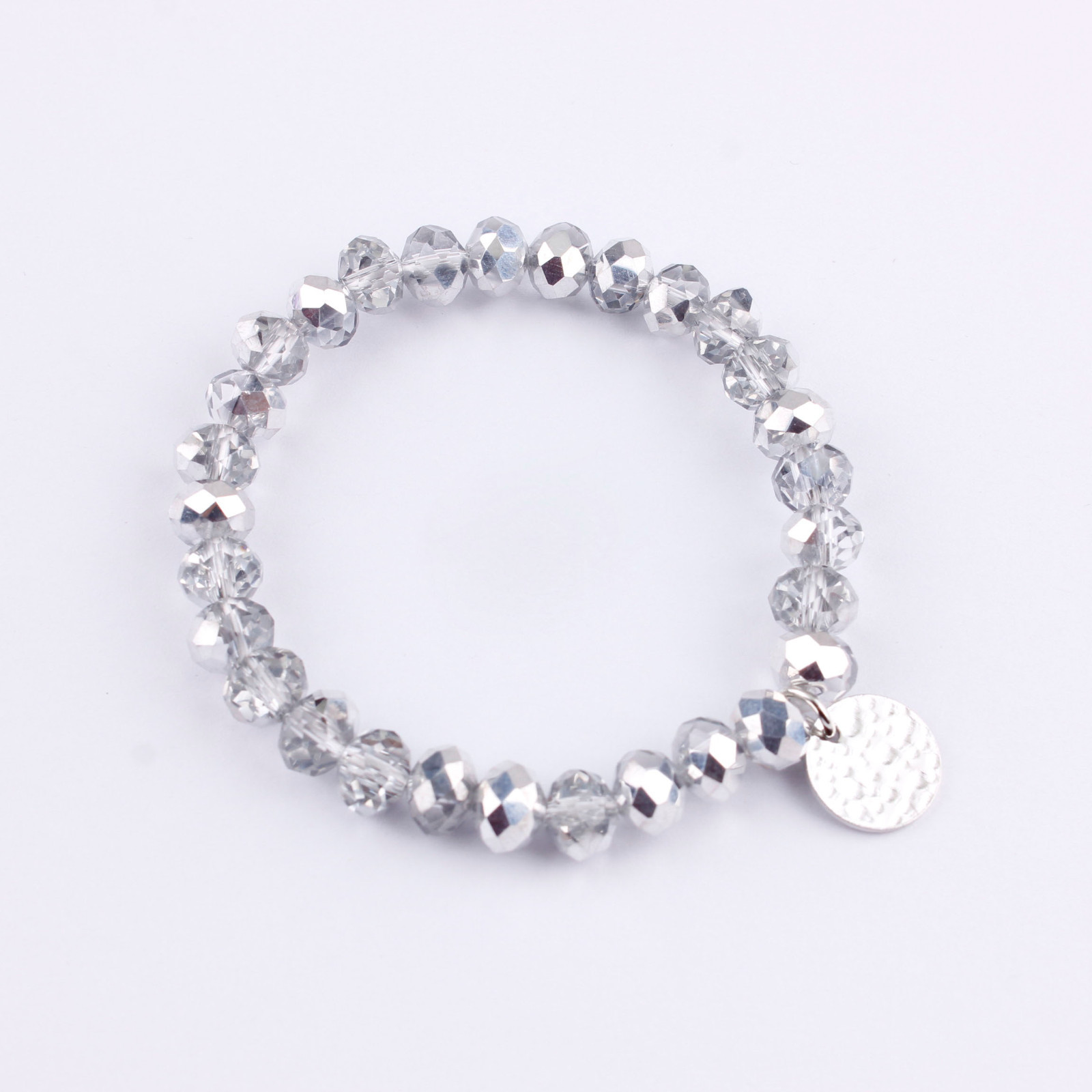Women 8mm Glass Beads Bracelets with Hammered Disc Crystal Bead Stretch Bracelet