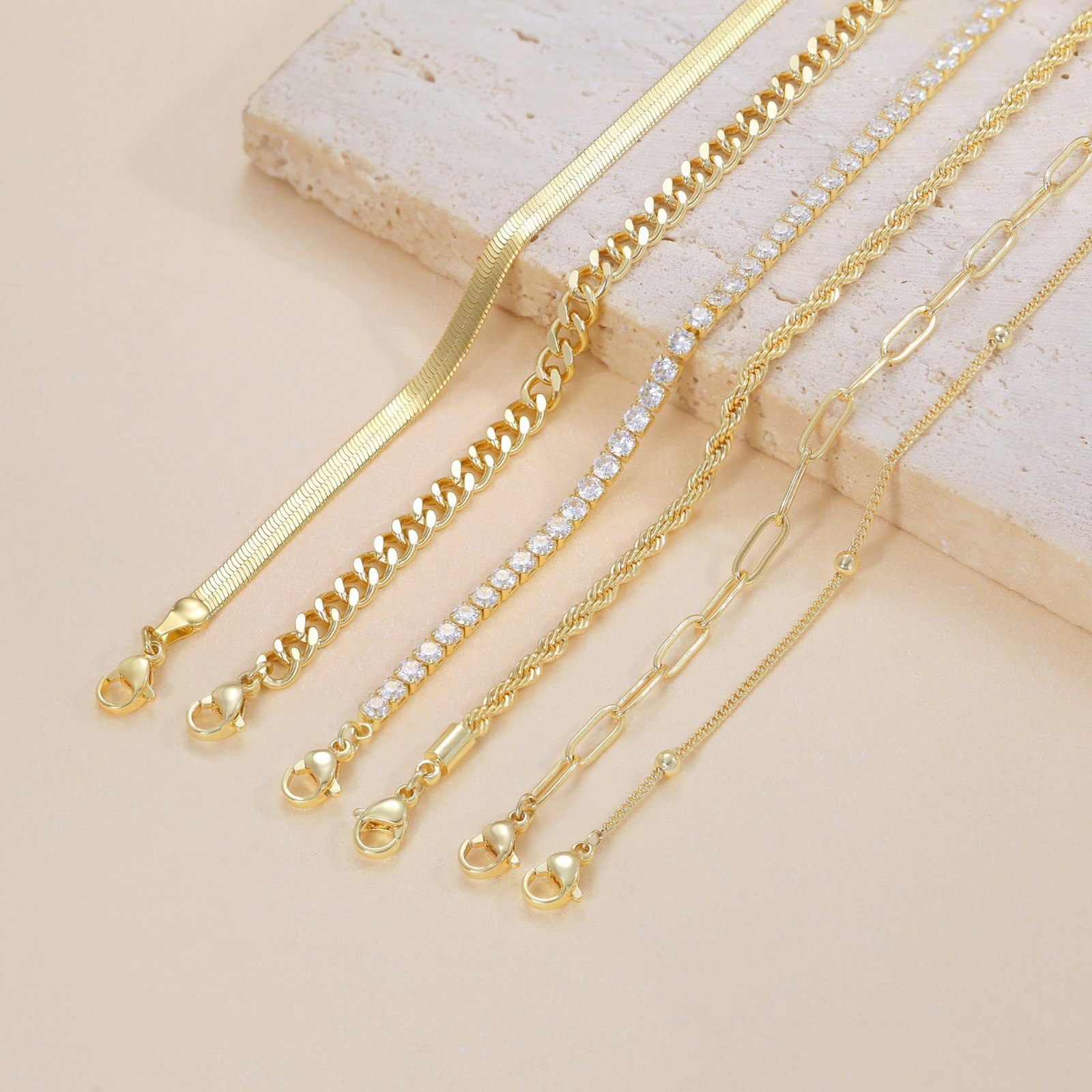 14K Gold Plated Waterproof Ankle Bracelets Set – 6Pcs Layered Cuban Link & Herri