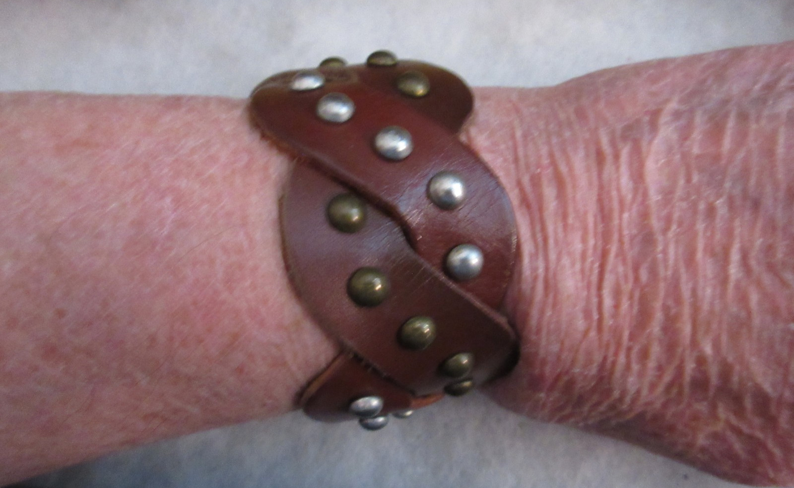 3 Leather Wrap Bracelets SilverTone Studs Snap Clasp Black Brown Tan 7.5-9″ Adj.