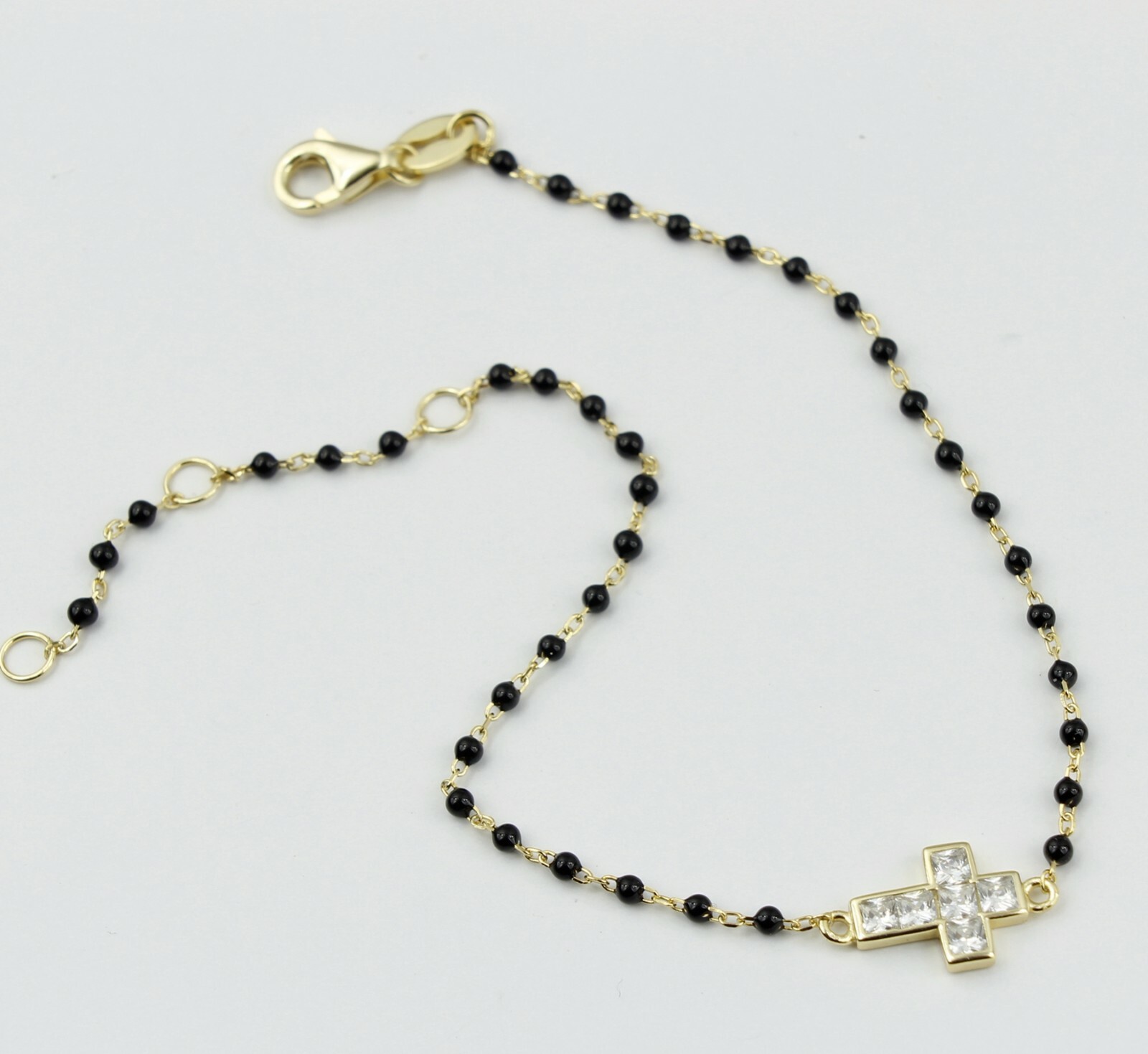 Women 925 Sterling Silver Bohemia Beaded Gold CZ Cross Religious Bracelet 6-7.8″