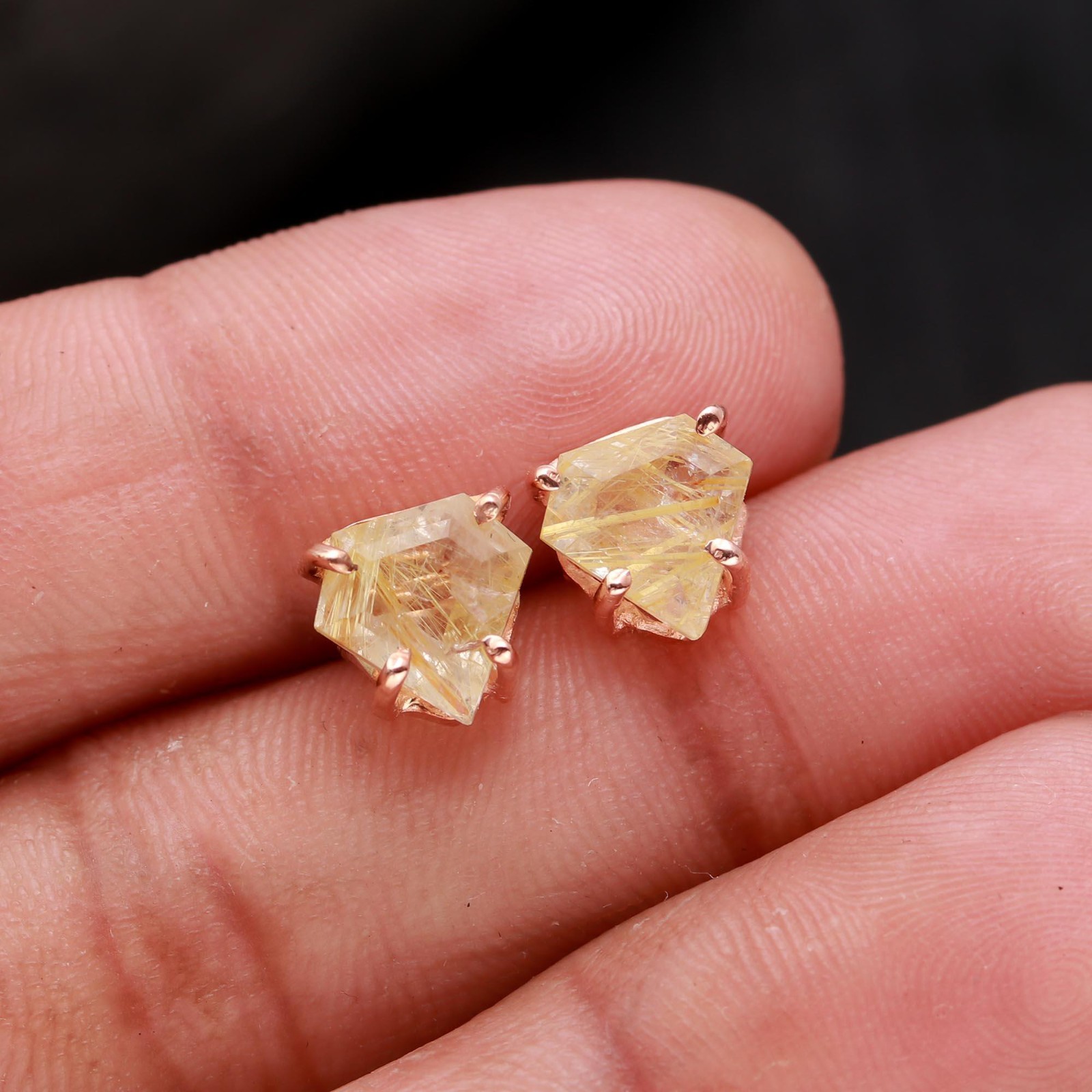Natural Golden Rutile Shield Stud Earrings Rose Gold Filled Solid Silver Jewelry
