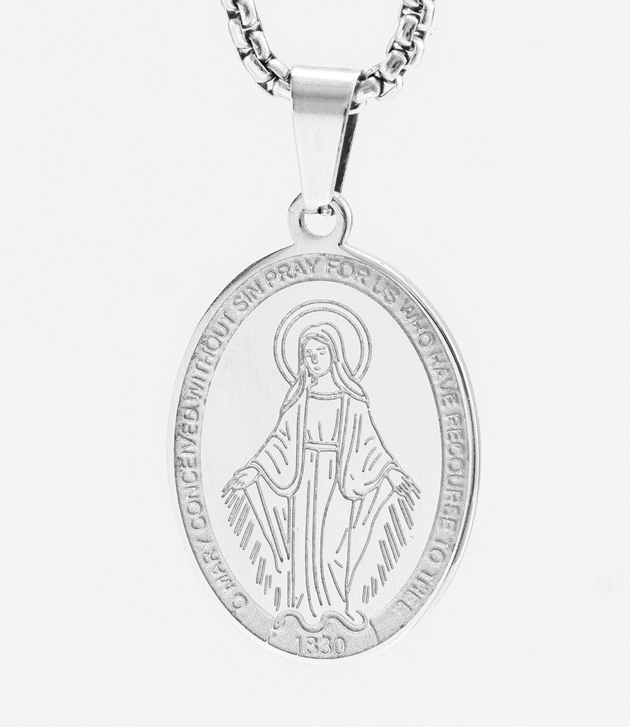 Stainless Steel Virgin Mary Miraculous Medal Pendant with 24 in chain