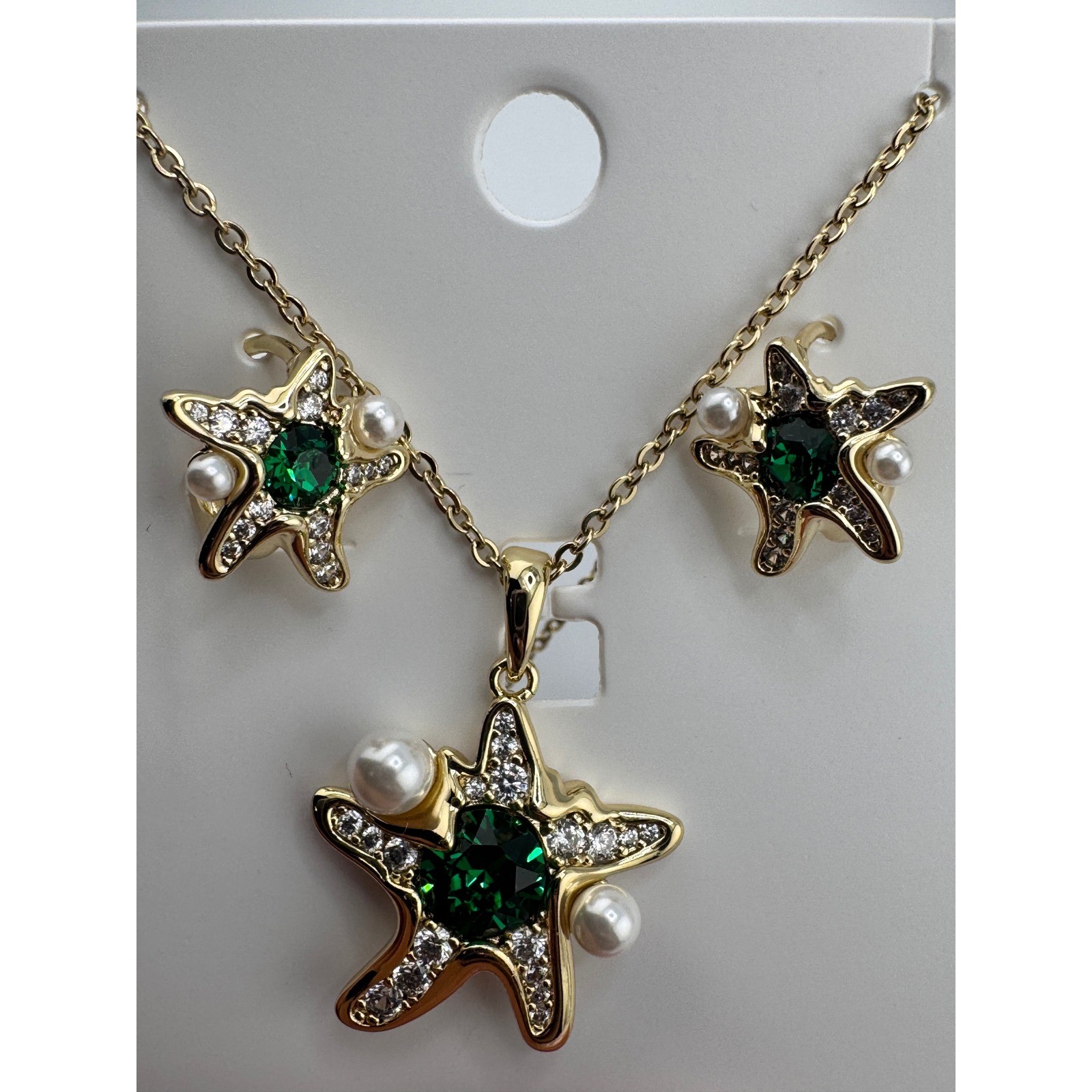 14K Gold Plated Starfish Necklace Earring Set Emerald Green Crystal Pearl