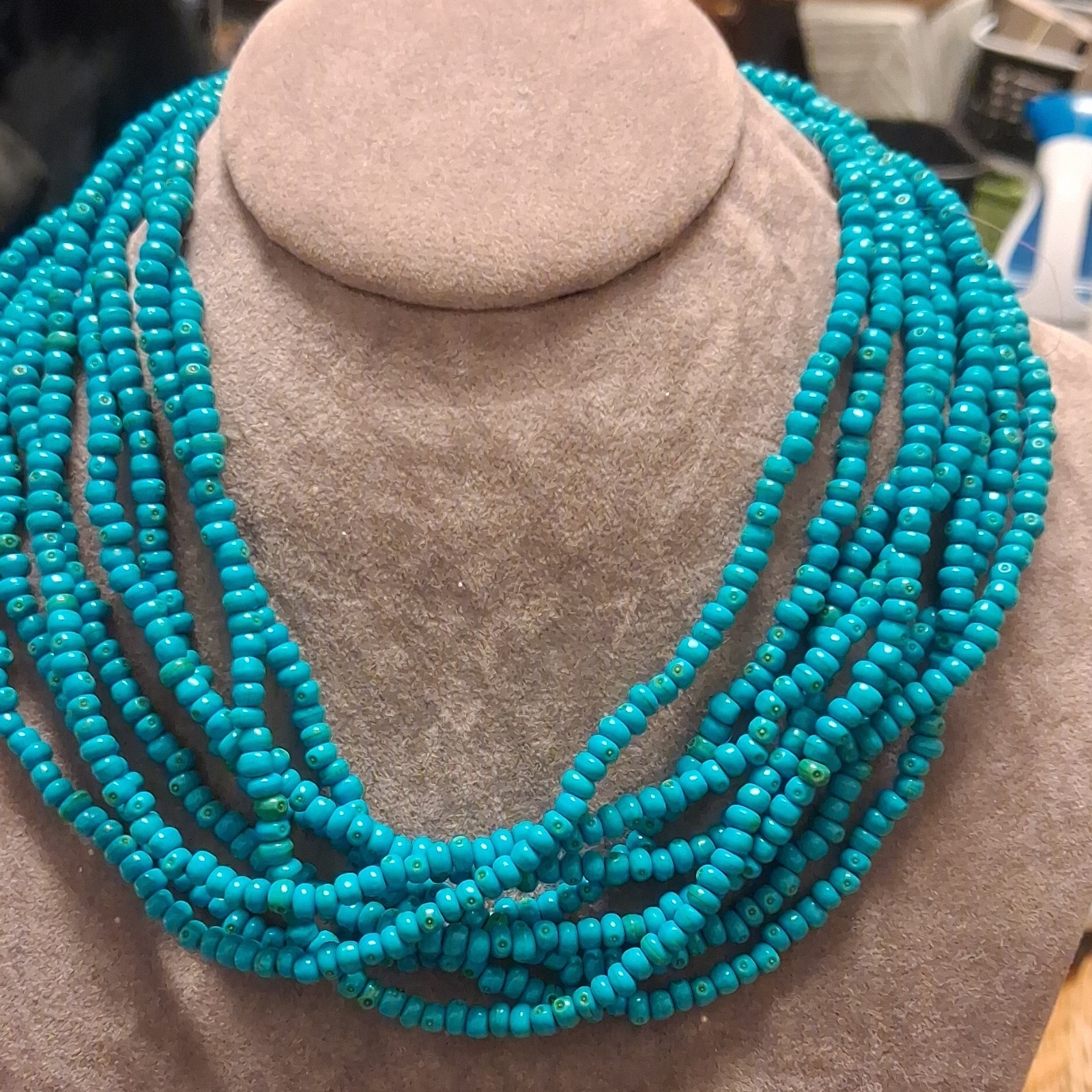 Turquoise Stone Multi-Strand Beaded Statement Necklace Adjustable Lobster