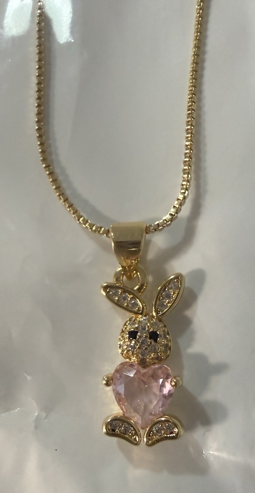 18K Gold Plated Cute Rabbit Bunny Pendant Necklace pink Heart Crystal & Bow