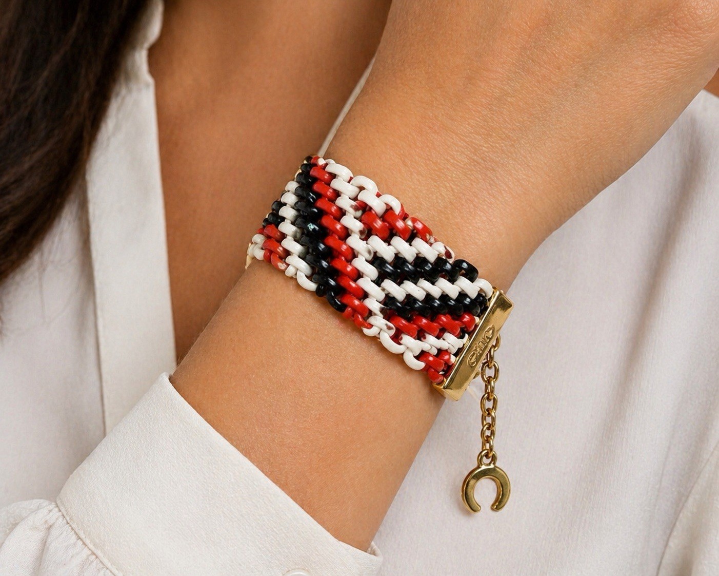Vintage Chloé Woven Bracelet Red White Black Gold Plated Made In Italy Cuff