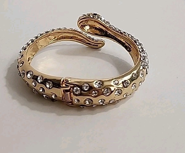 Snake Bracelet Hinged White Pave Rhinestones Black Eyes Gold Tone Size 6.5 to 7