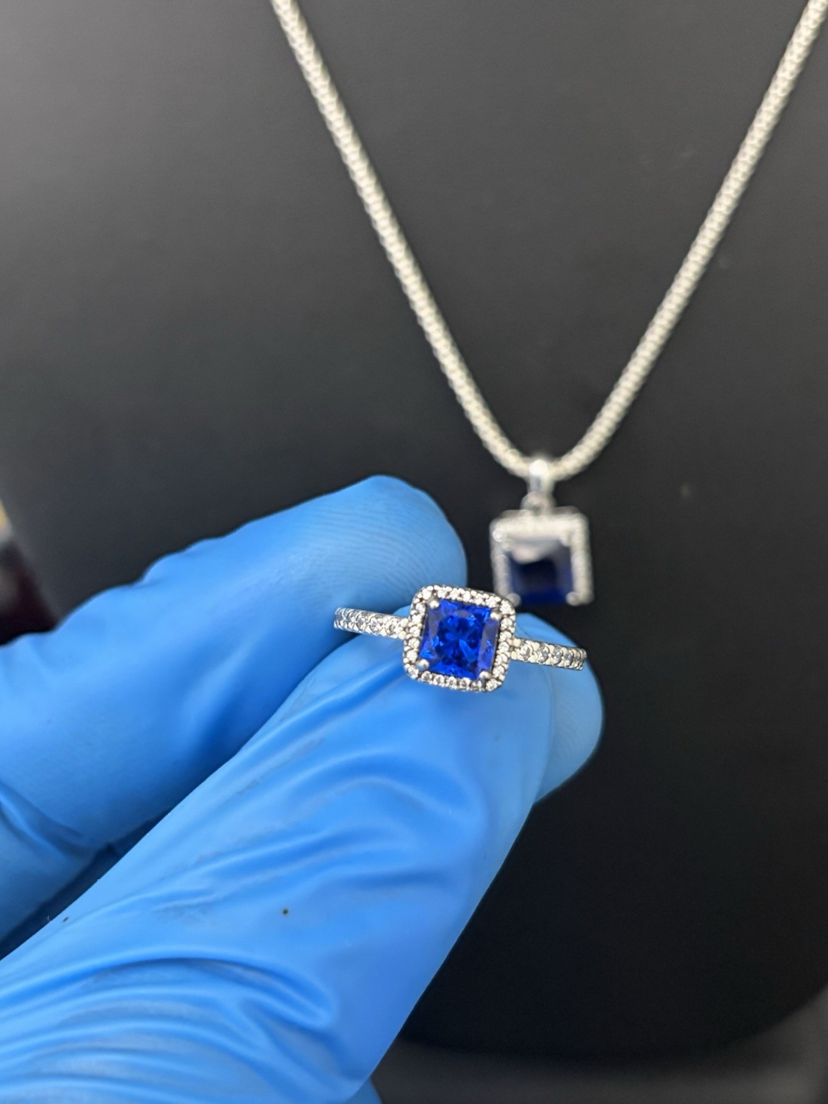 Blue Sapphire CZ Jewelry Set Necklace 17” Chain Ring Size 7 Earrings Silver