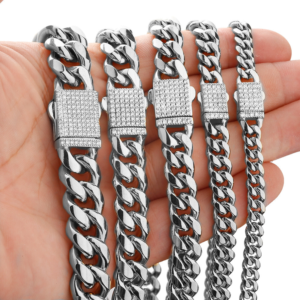 6-14mm Cuban Link Chain Necklace Stainless Steel Chain with CZ Clasp for Men