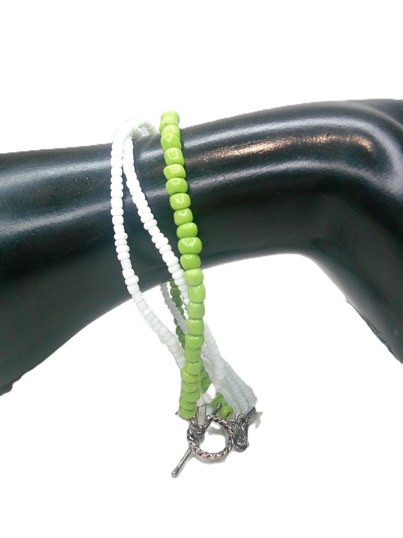 Green White Bracelet Handmade MultiStrand Ceramic Beaded Colorful 9 in Plus Size